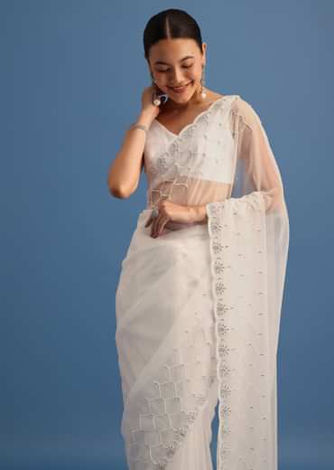 White Organza Saree With Beads And Stone Scallop Border And Unstitched Blouse