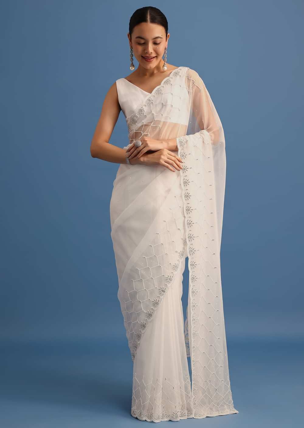White Organza Saree With Beads And Stone Scallop Border And Unstitched Blouse
