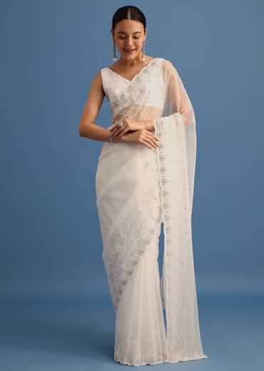 White Organza Saree With Beads And Stone Scallop Border And Unstitched Blouse