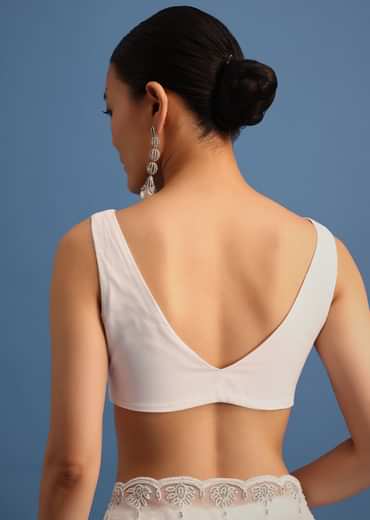 White Organza Saree With Beads And Stone Scallop Border And Unstitched Blouse