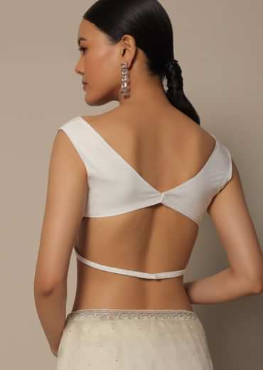 White Organza Saree With Scallop Cutdana Border And Unstitched Blouse Piece
