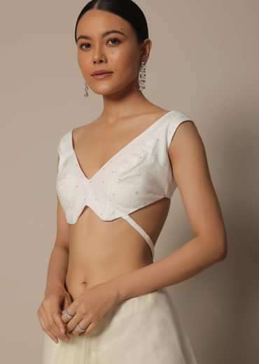 White Organza Saree With Scallop Cutdana Border And Unstitched Blouse Piece