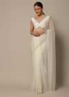White Organza Saree With Scallop Cutdana Border And Unstitched Blouse Piece
