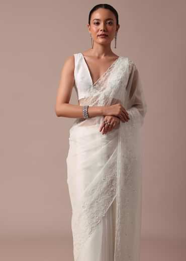 White Organza Saree With Unstitched Blouse