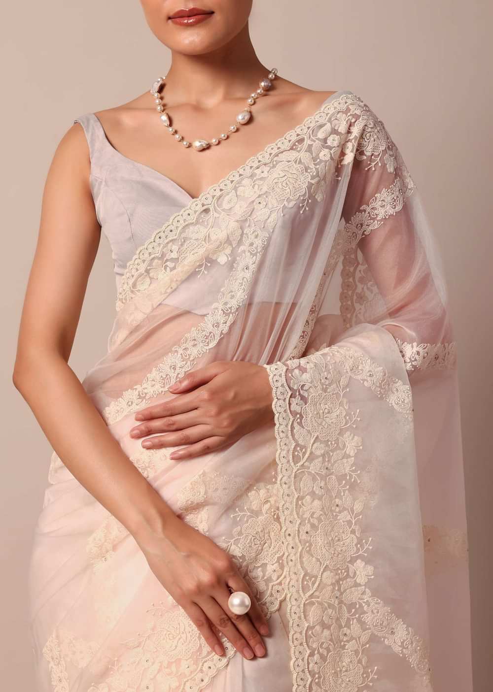 White Organza Silk Chikankari Saree With Cutdana Bead Work And Unstitched Blouse Fabric