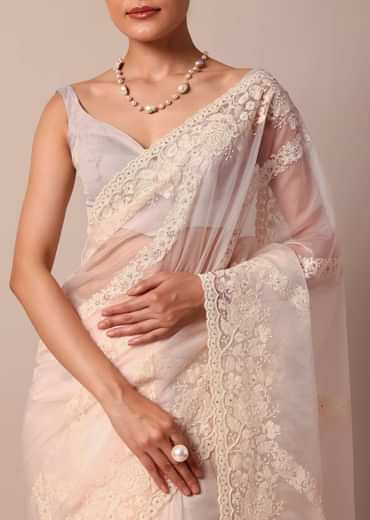 White Organza Silk Chikankari Saree With Cutdana Bead Work And Unstitched Blouse Fabric