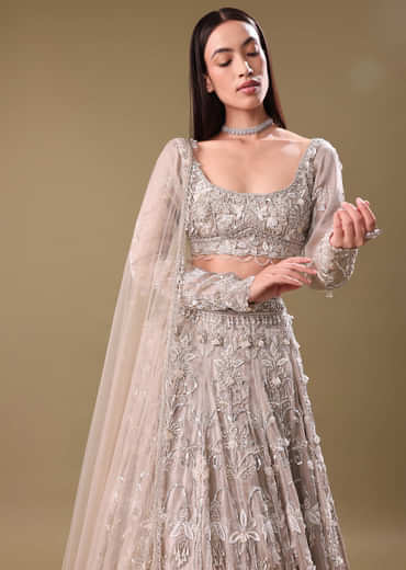 White Oyester Hand Embroidered Lehenga And Blouse Set