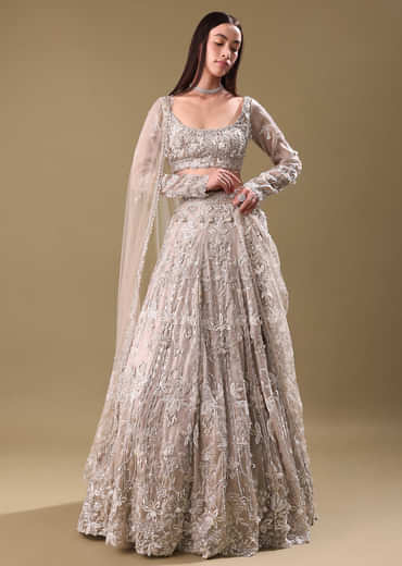 White Oyester Hand Embroidered Lehenga And Blouse Set
