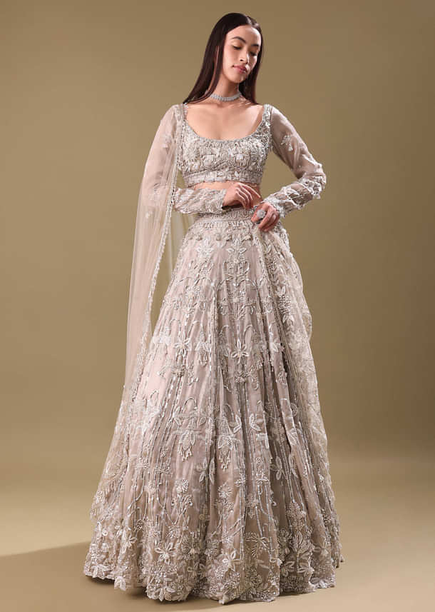 White Oyester Hand Embroidered Lehenga And Blouse Set