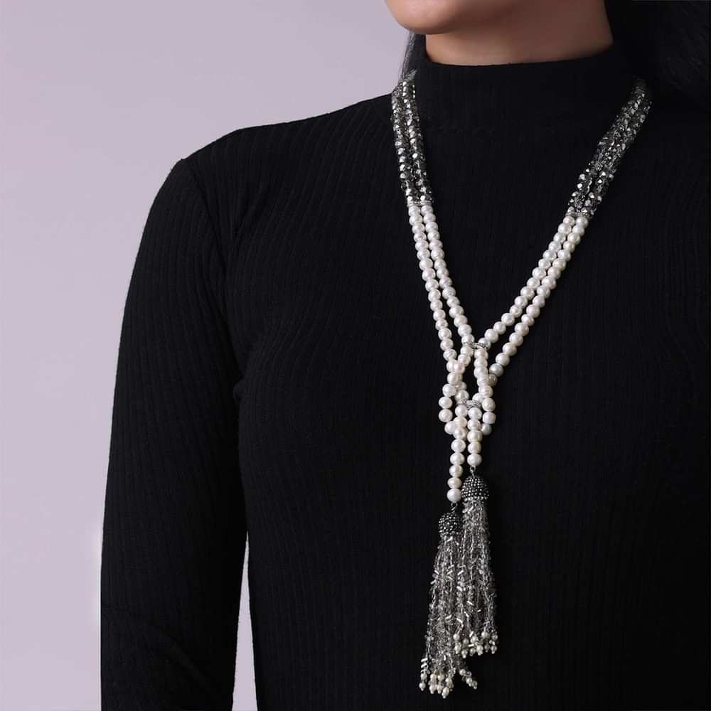 White Pearl And Grey Tassel Tie Necklace