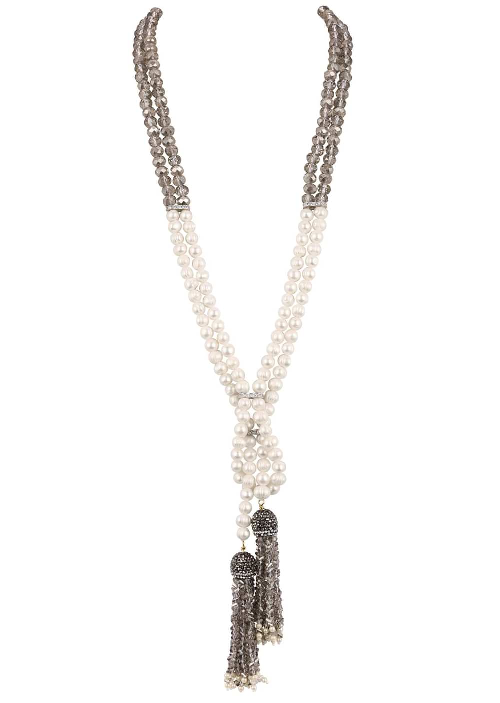 White Pearl And Grey Tassel Tie Necklace