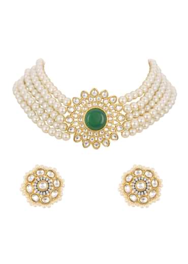 White Pearl Choker And Stud Set With Zircon Motif
