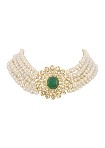 White Pearl Choker And Stud Set With Zircon Motif