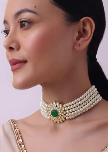 White Pearl Choker And Stud Set With Zircon Motif