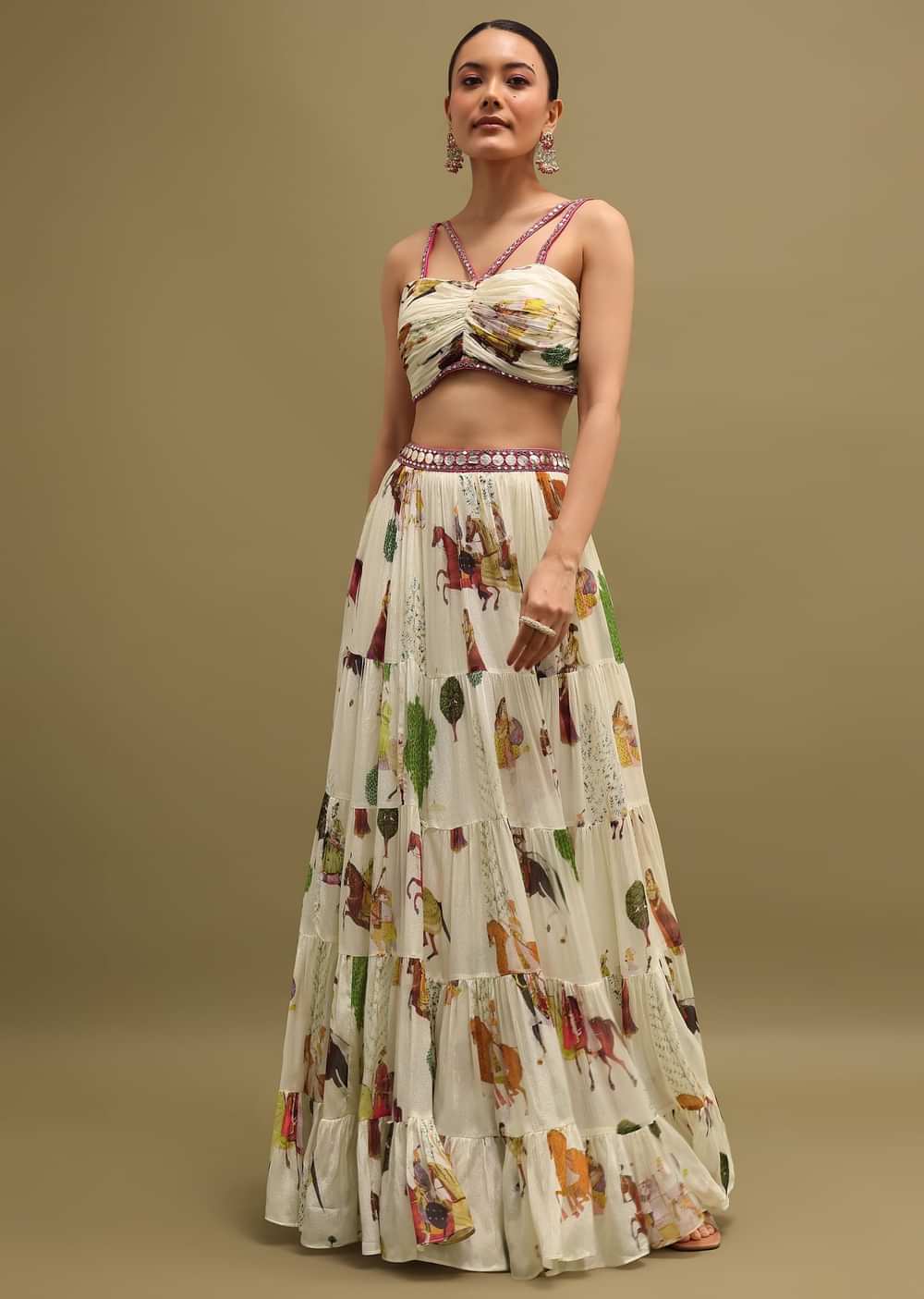 White Printed Chinon Crop Top And Skirt Set