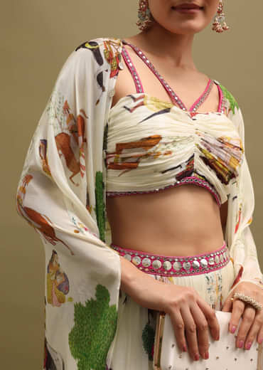 White Printed Chinon Crop Top And Skirt Set