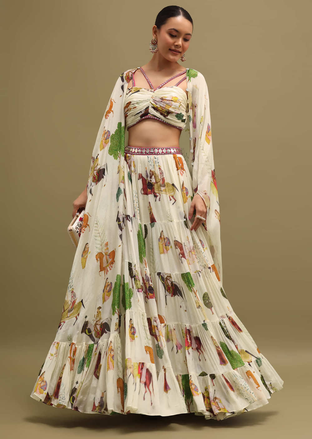 White Printed Chinon Crop Top And Skirt Set
