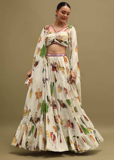 White Printed Chinon Crop Top And Skirt Set