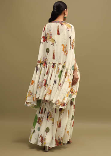 White Printed Georgette Crop Top And Sharara Set