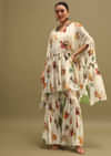 White Printed Georgette Crop Top And Sharara Set
