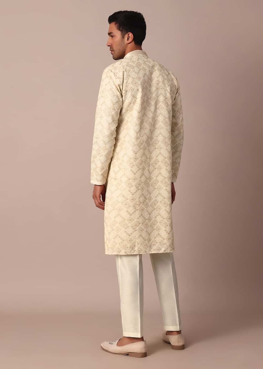 White Printed Kurta Set With Thread Work