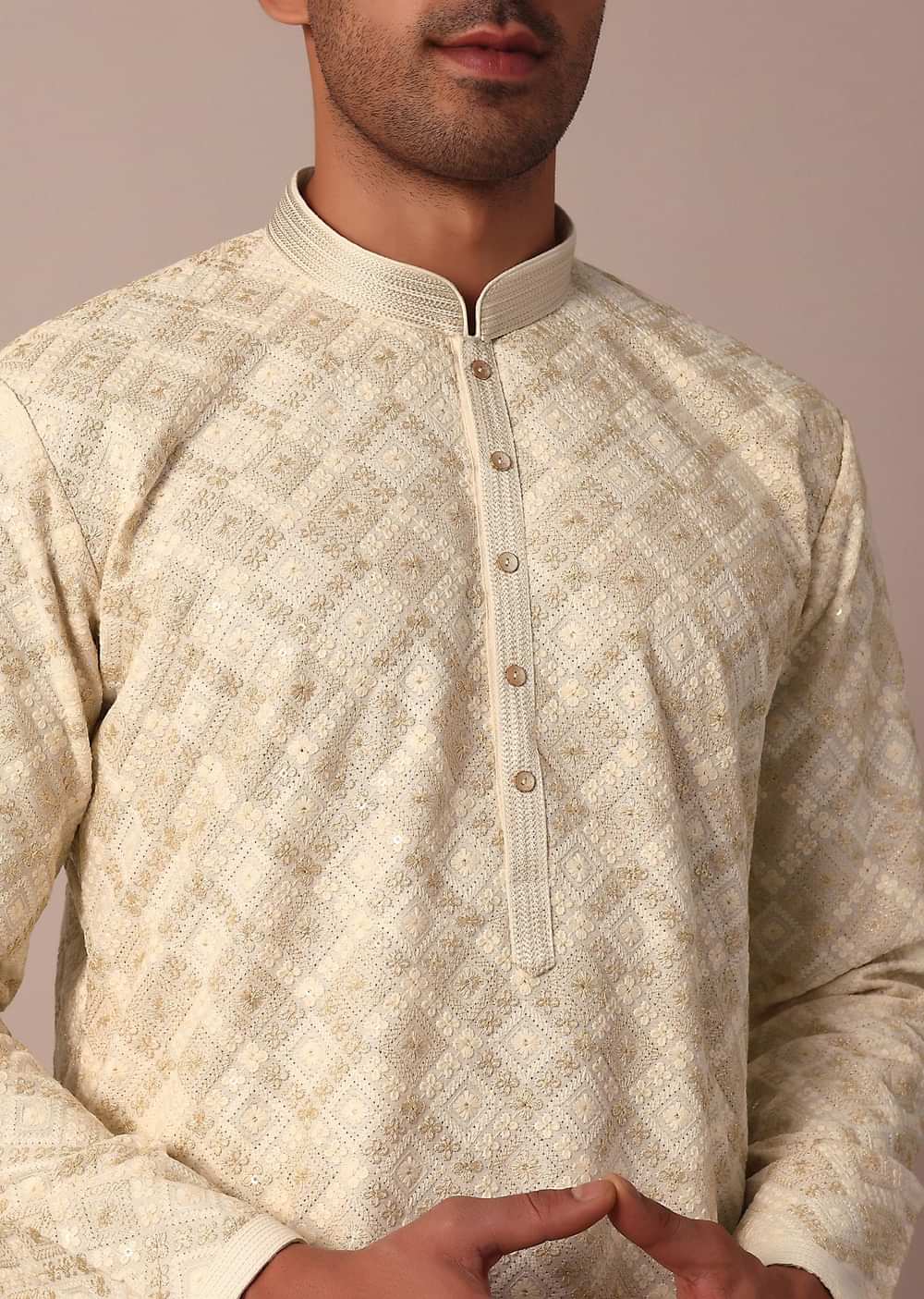 White Printed Kurta Set With Thread Work