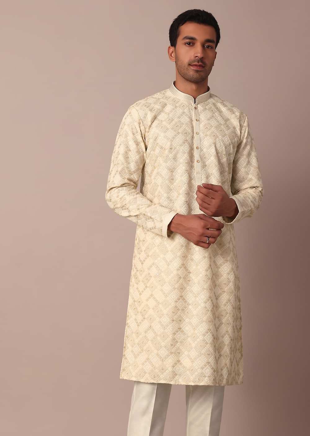 White Printed Kurta Set With Thread Work