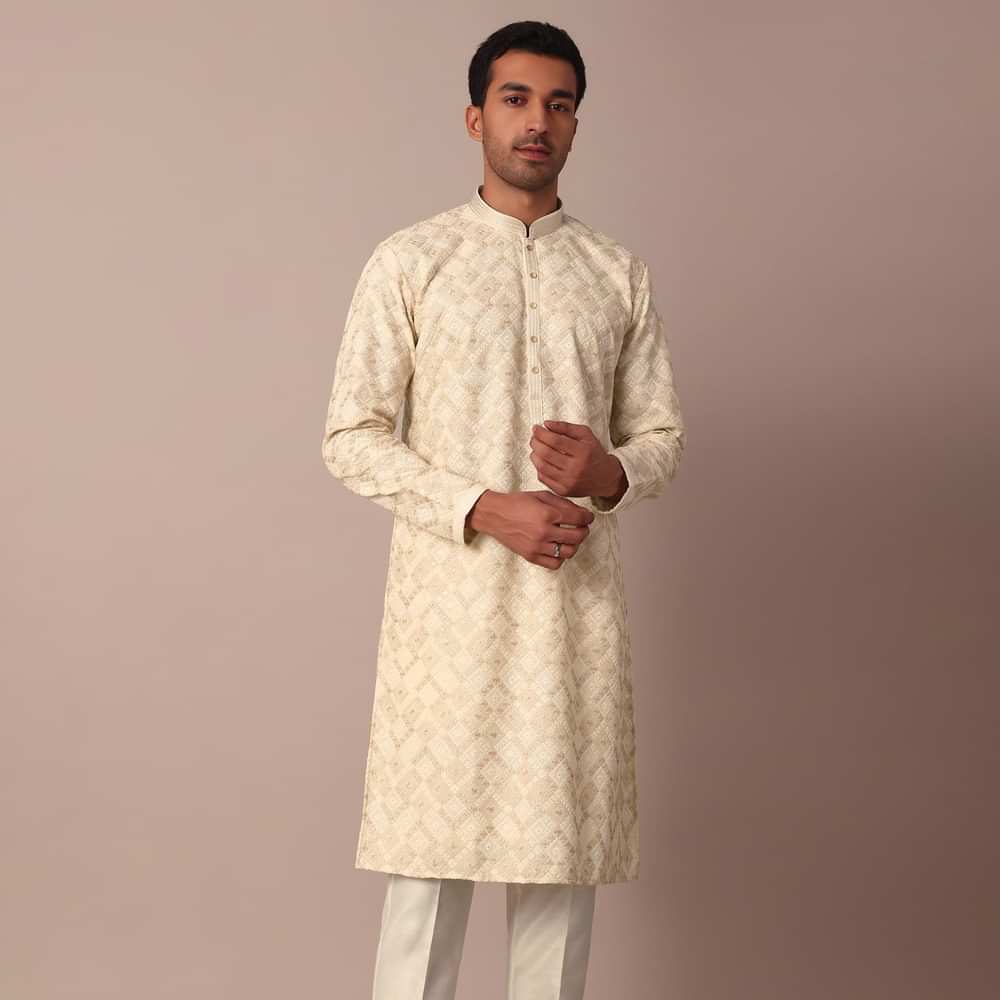 White Printed Kurta Set With Thread Work