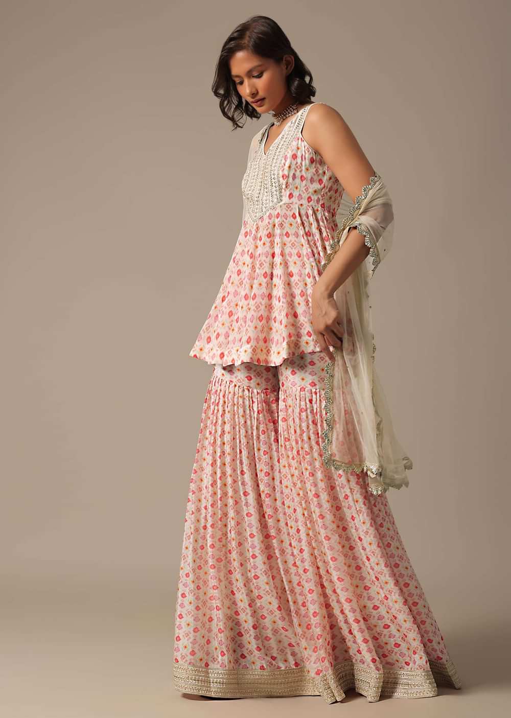 White Printed Sharara Set With Sequin Work