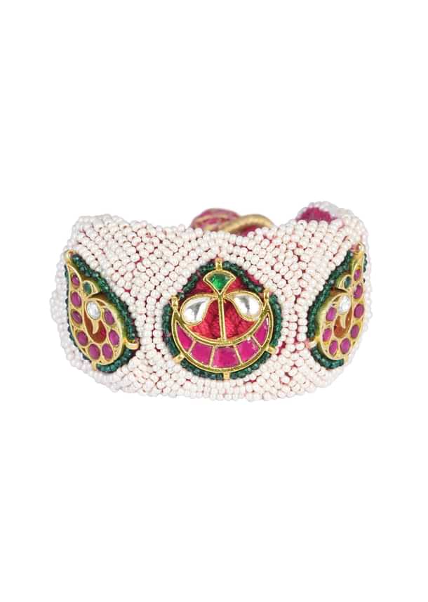 White Rajasthani Ponchi Bracelet With Kundan Work White Rajasthani Ponchi Bracelet With Kundan Work