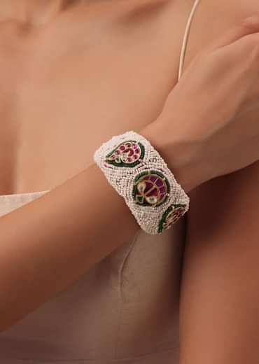 White Rajasthani Ponchi Bracelet With Kundan Work