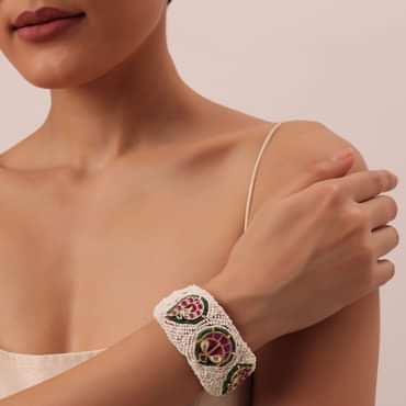 White Rajasthani Ponchi Bracelet With Kundan Work