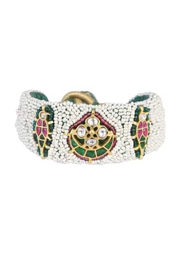 White Rajasthani Ponchi Bracelet With Studded Kundan And Enamel Work