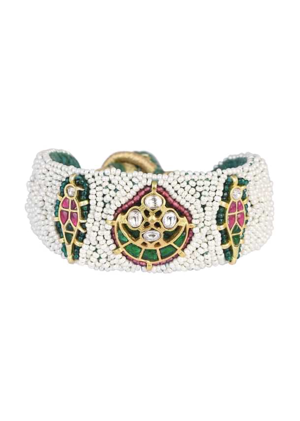 White Rajasthani Ponchi Bracelet With Studded Kundan And Enamel Work White Rajasthani Ponchi Bracelet With Studded Kundan And Enamel Work