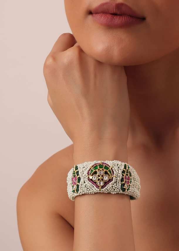 White Rajasthani Ponchi Bracelet With Studded Kundan And Enamel Work White Rajasthani Ponchi Bracelet With Studded Kundan And Enamel Work