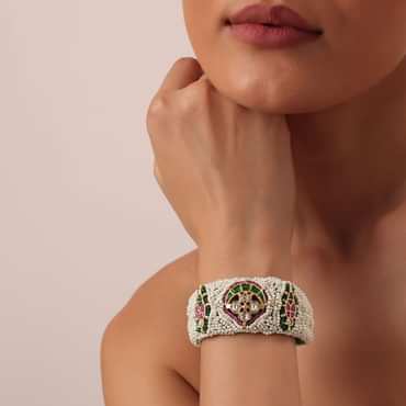 White Rajasthani Ponchi Bracelet With Studded Kundan And Enamel Work