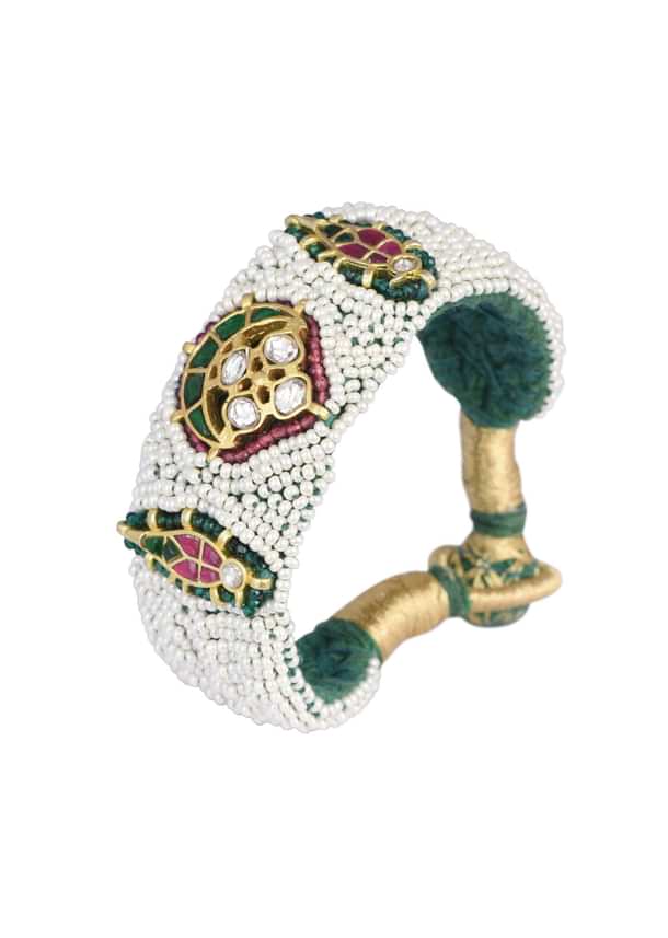 White Rajasthani Ponchi Bracelet With Studded Kundan And Enamel Work White Rajasthani Ponchi Bracelet With Studded Kundan And Enamel Work