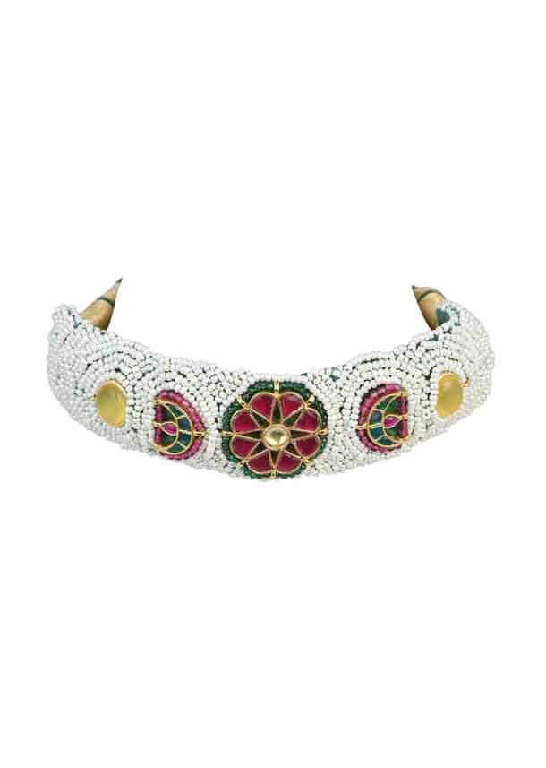 White Rajasthani Ponchi Choker Set With Kundan Detail