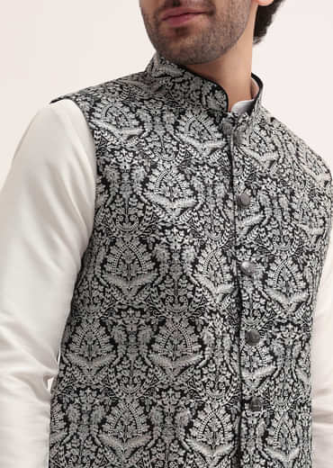 White Resham Work Kurta Jacket Set For Men