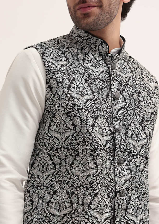 White Resham Work Kurta Jacket Set For Men