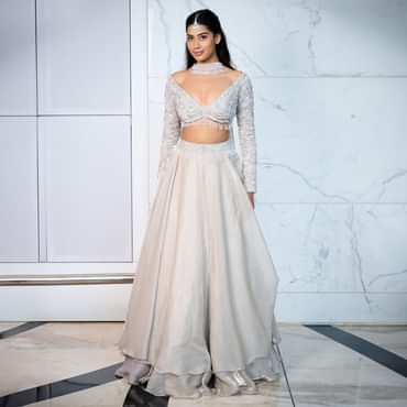 White Ruffle Lehenga With Blouse And Choker Dupatta