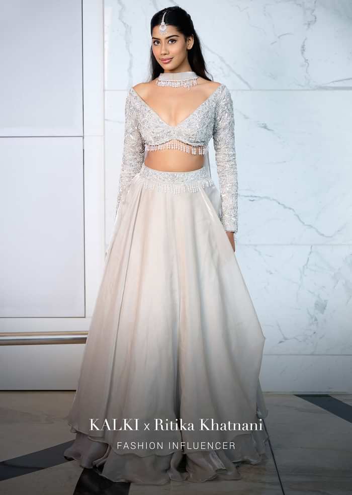 White Ruffle Lehenga With Blouse And Choker Dupatta