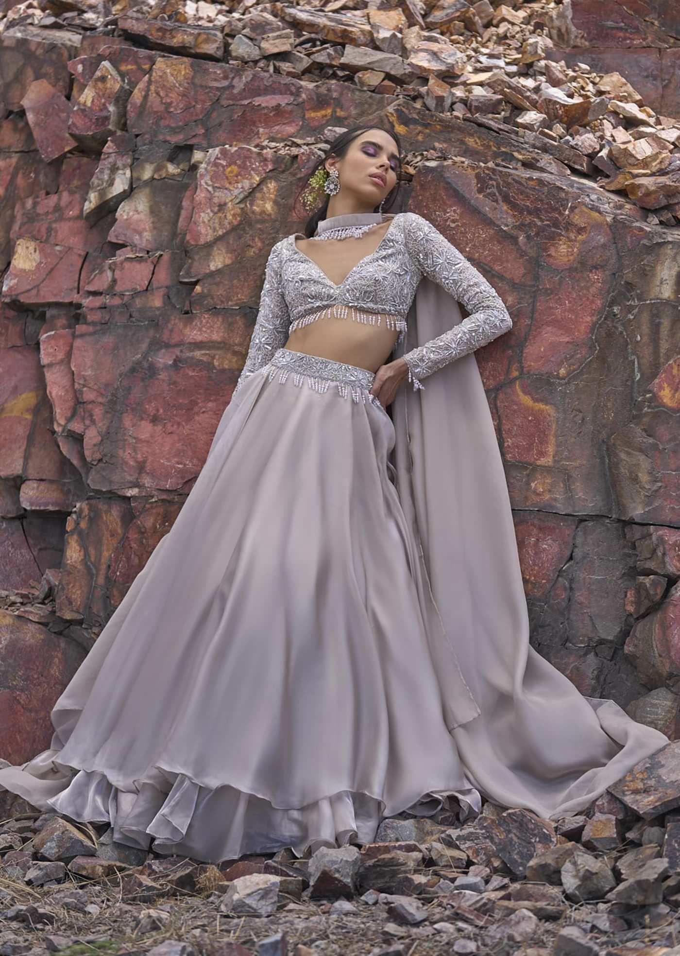 White Ruffle Lehenga With Blouse And Choker Dupatta