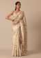 White Saree With Cutwork Scallop Border In Tussar And Unstitched Blouse Piece