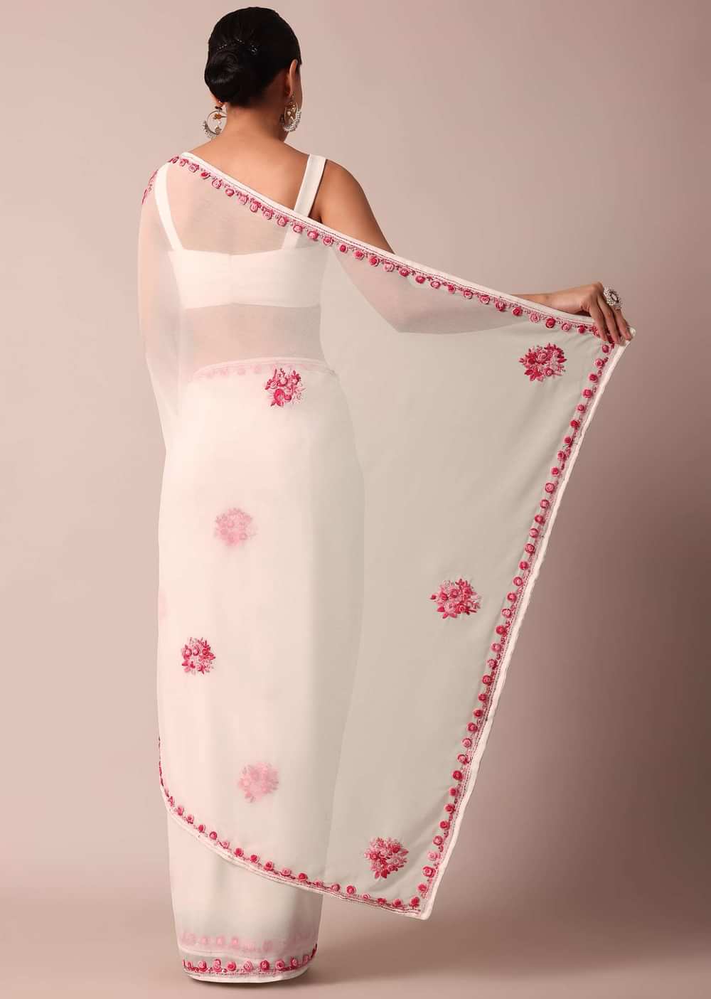 White Saree With Floral Embroidery And Unstitched Blouse Piece
