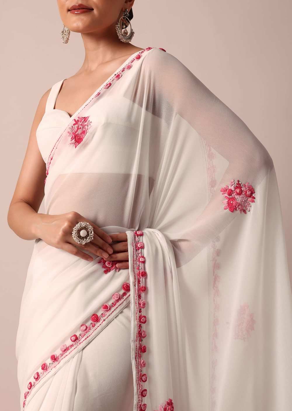 White Saree With Floral Embroidery And Unstitched Blouse Piece