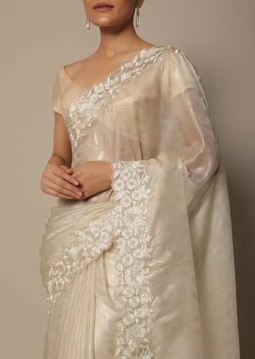 White Satin Saree With Floral Motif Thread Work And Unstitched Blouse Piece White Satin Saree With Floral Motif Thread Work And Unstitched Blouse Piece