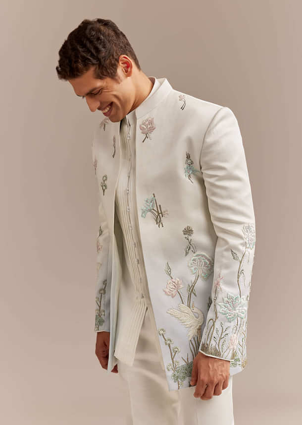 White Satin Silk Indo Western Set For Men With Pastel Embroidery