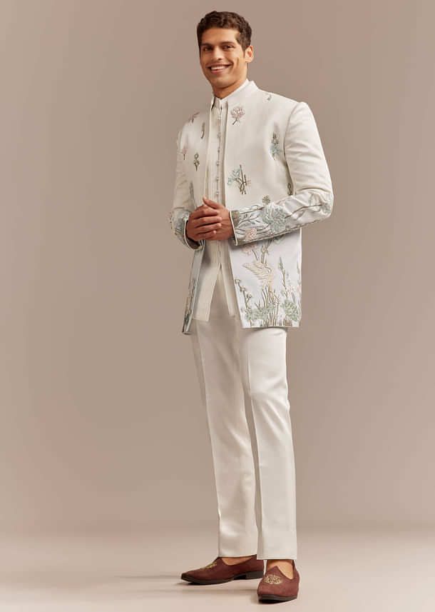 White Satin Silk Indo Western Set For Men With Pastel Embroidery