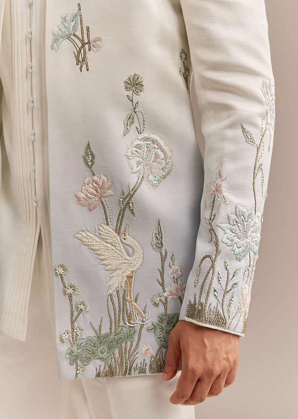 White Satin Silk Indo Western Set For Men With Pastel Embroidery